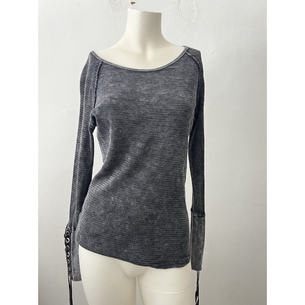 Whimsigoth Grunge Thermal Top M Black Coal lace up witchy punk devilcore Metal